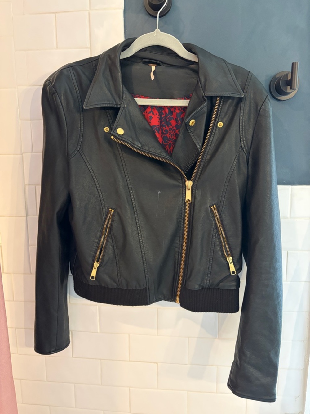 Free People Black Leather Moto Jacket with Gold Hardware - SEE NOTE RE: STAIN